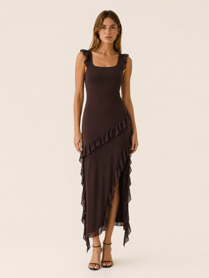 Brown Ruffled Maxi Dress with High Slit – front view