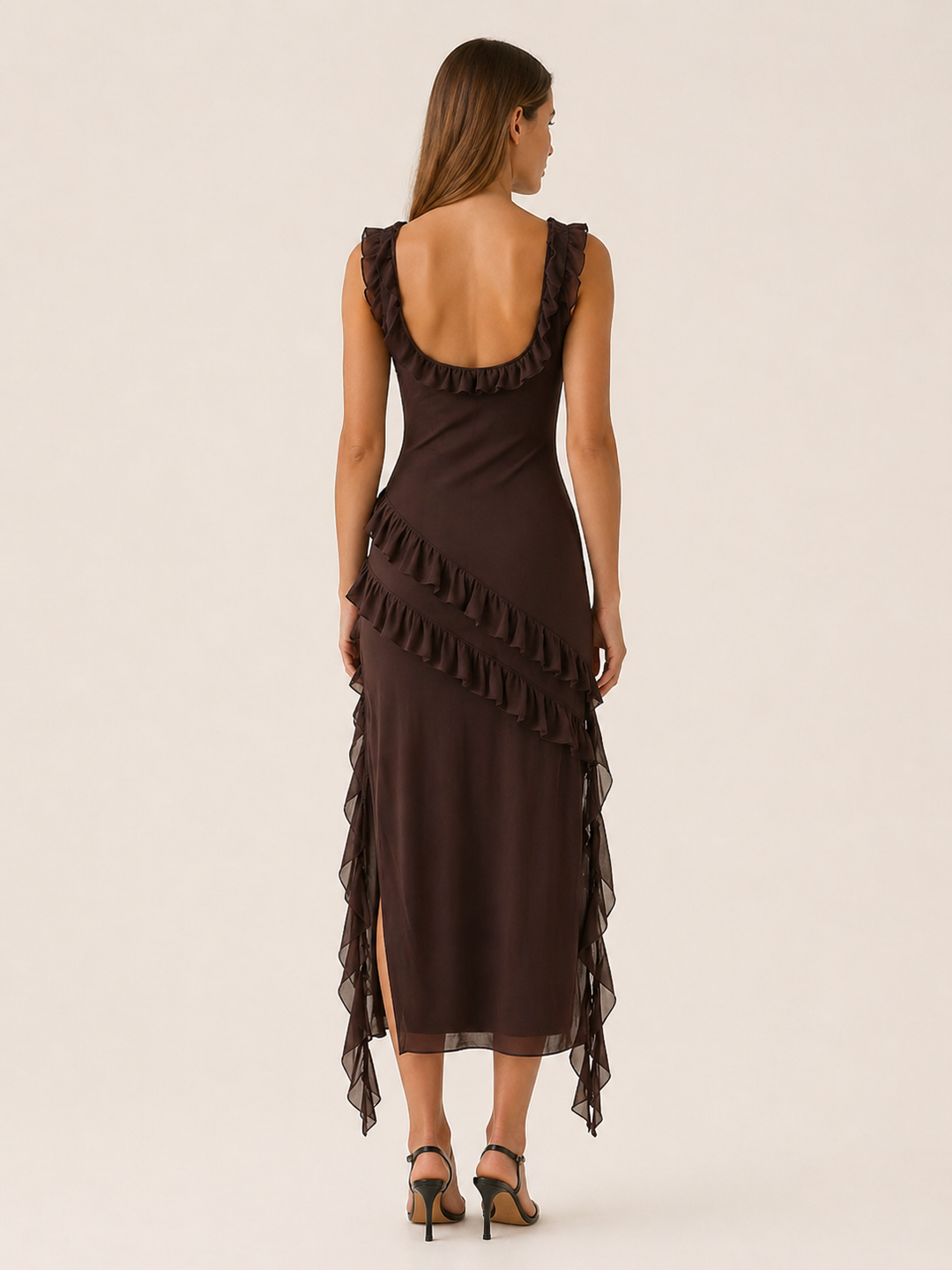 Brown Ruffled Maxi Dress with High Slit – side view