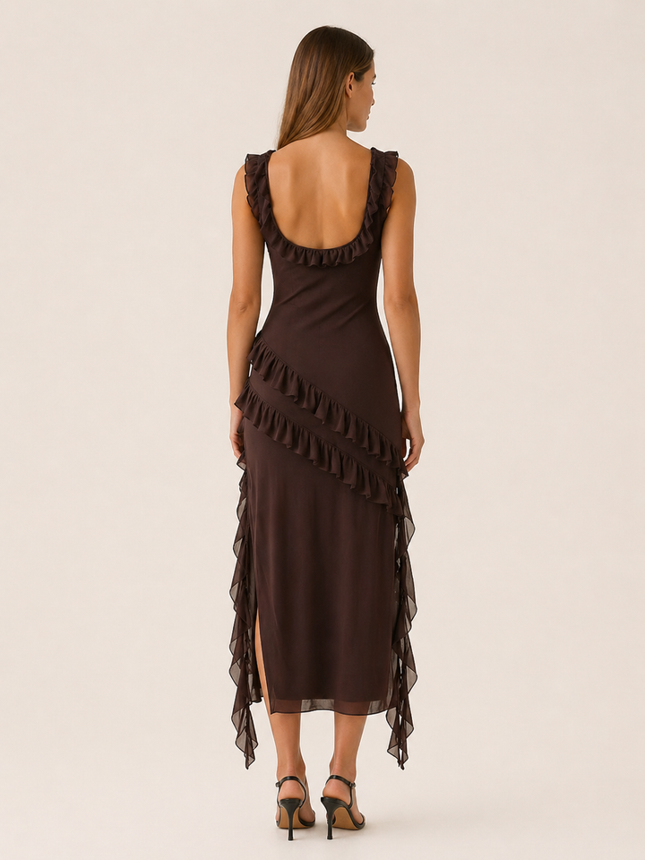 Brown Ruffled Maxi Dress with High Slit – side view