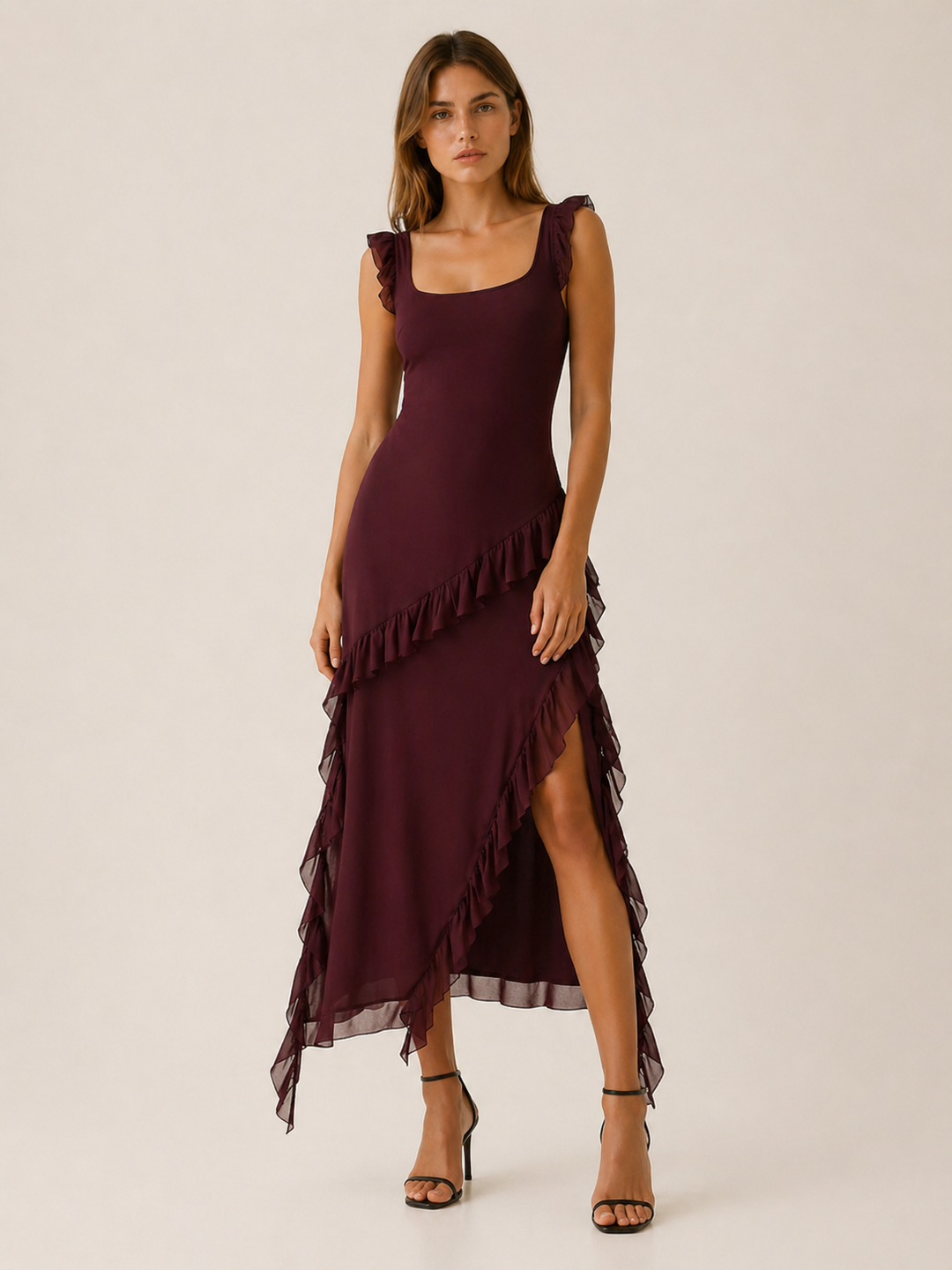 Baby Blue Ruffled Maxi Dress with High Slit – close-up