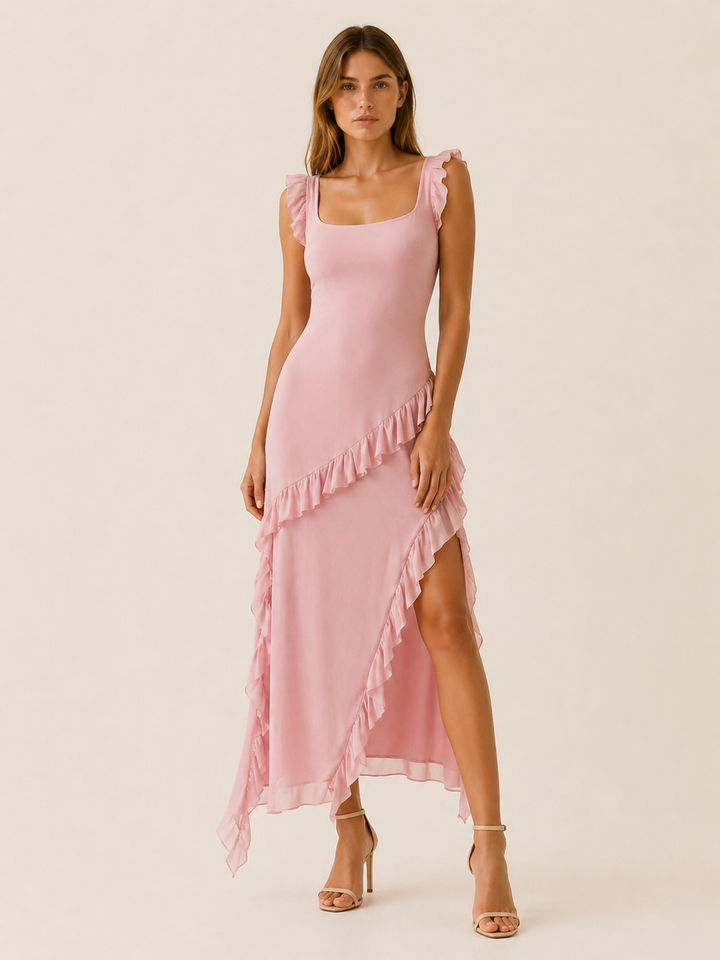 Brown Ruffled Maxi Dress with High Slit – lifestyle