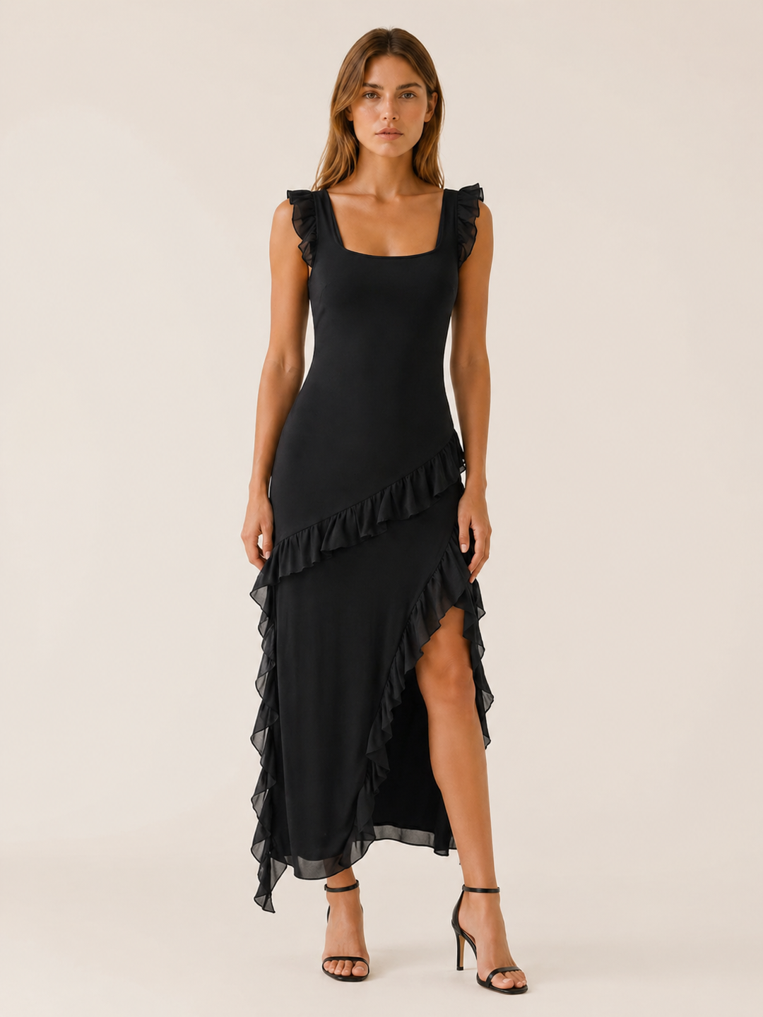 Brown Ruffled Maxi Dress with High Slit – full length view