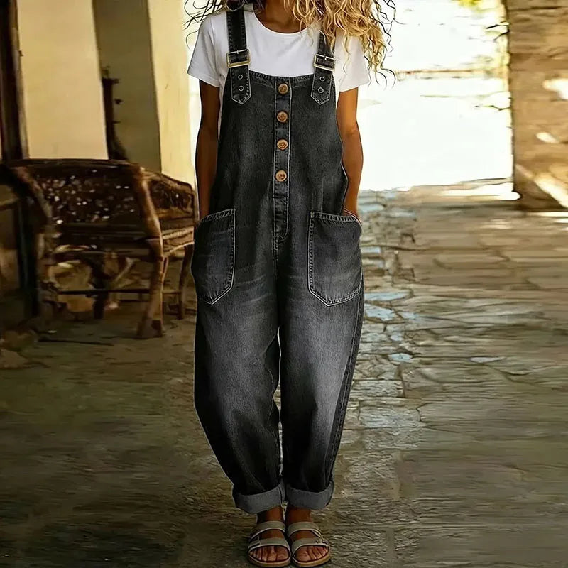 Saylor Denim Overalls — close-up view