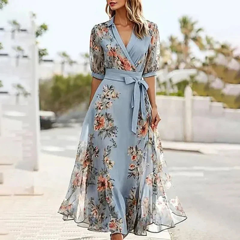 Vanessa - Boho Maxi Dress with V-neck and Bow — back view