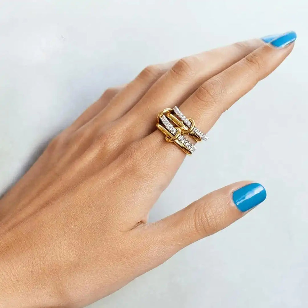 Set stacked and worn on a model's hand