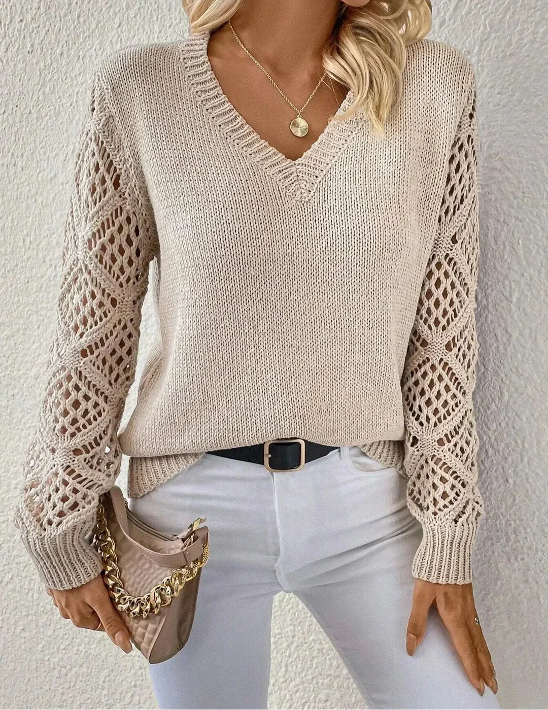 Aubrey Stylish V-Neck Sweater With Handmade Details — front view