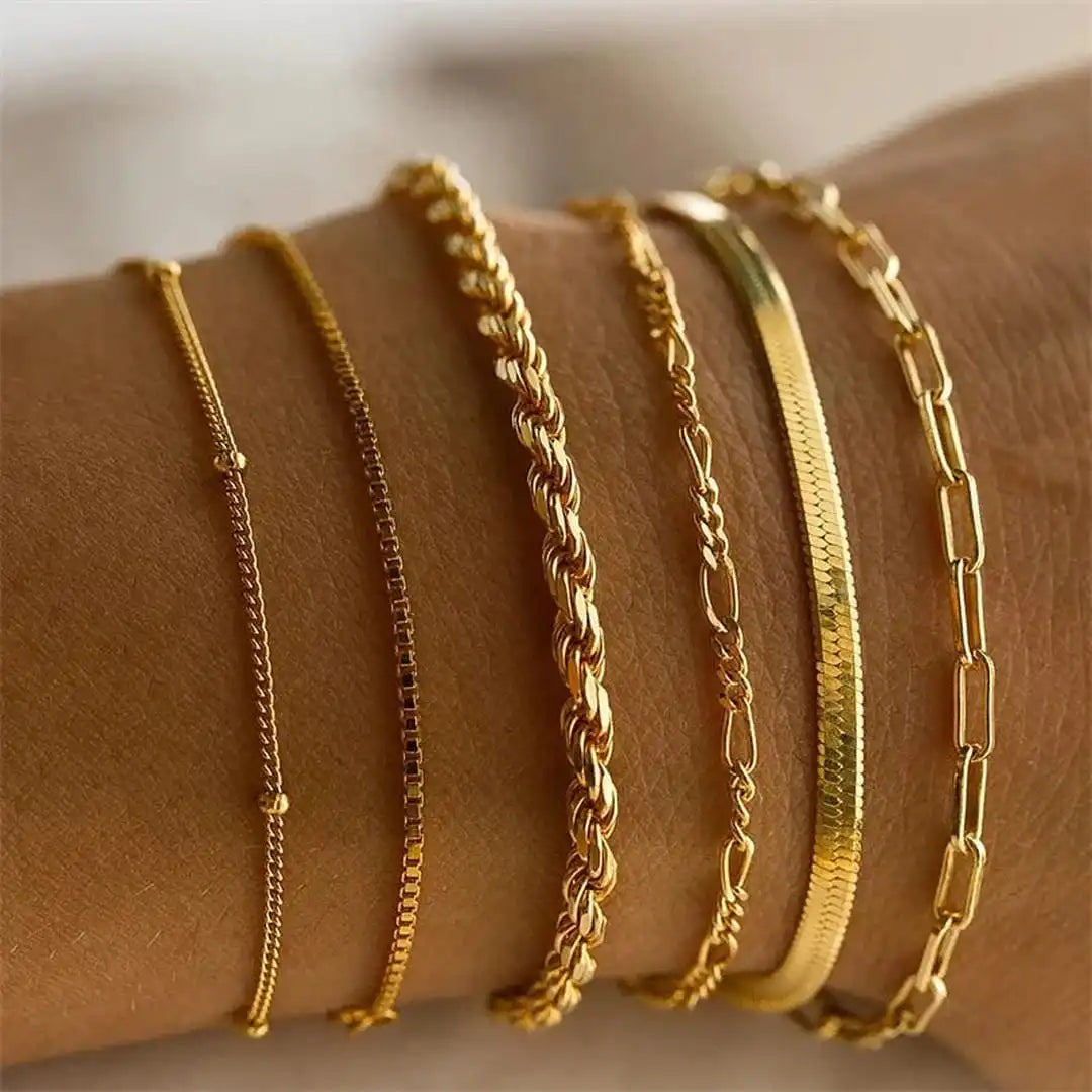 Main shot of the six-piece Cuban chain bracelet set