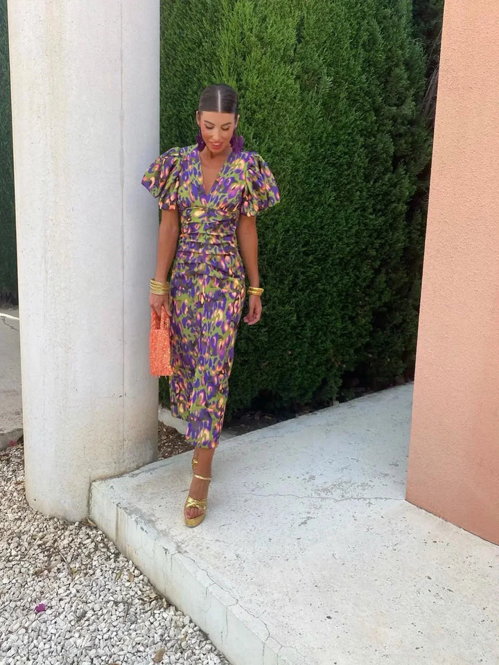 Loren - Vibrant Midi Dress with Puff Sleeves — back view