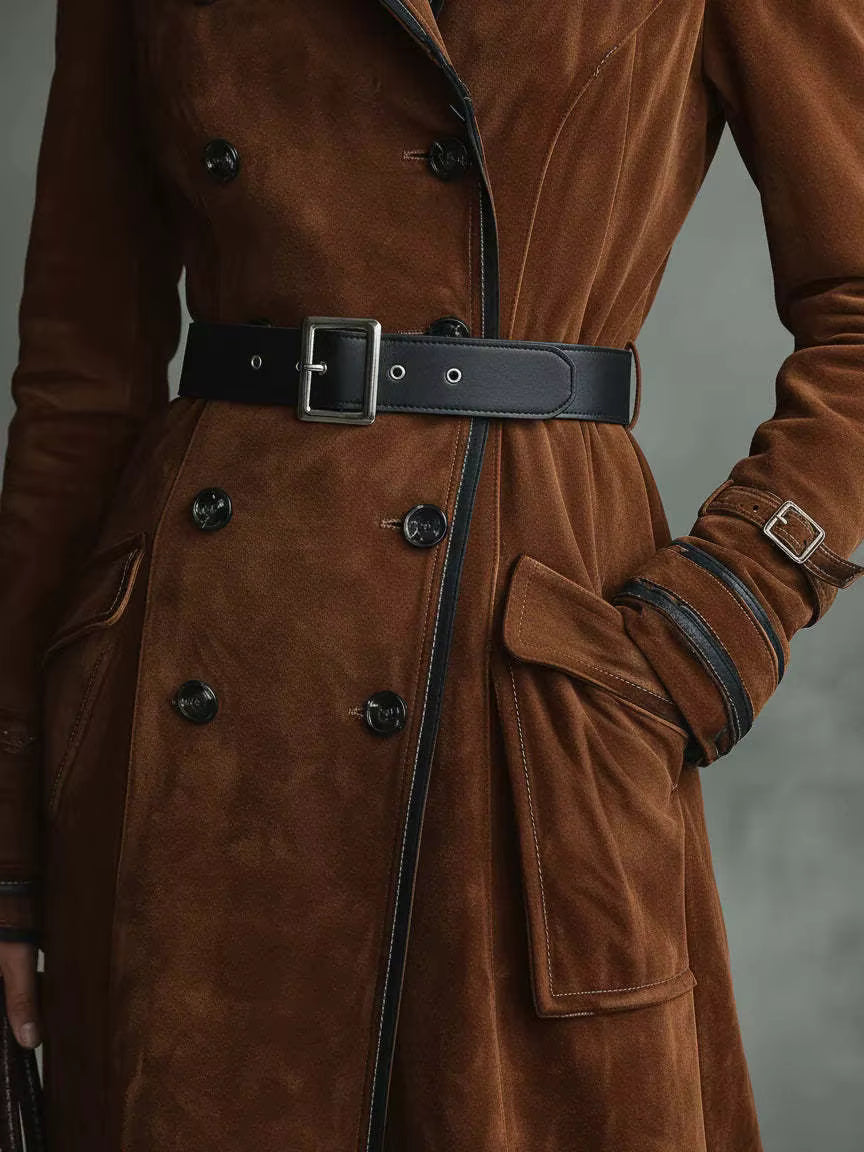 women's leather trench coat – dark brown suede style