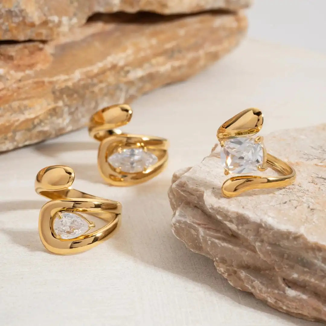 Main shot of the gold water drop zirconia ring