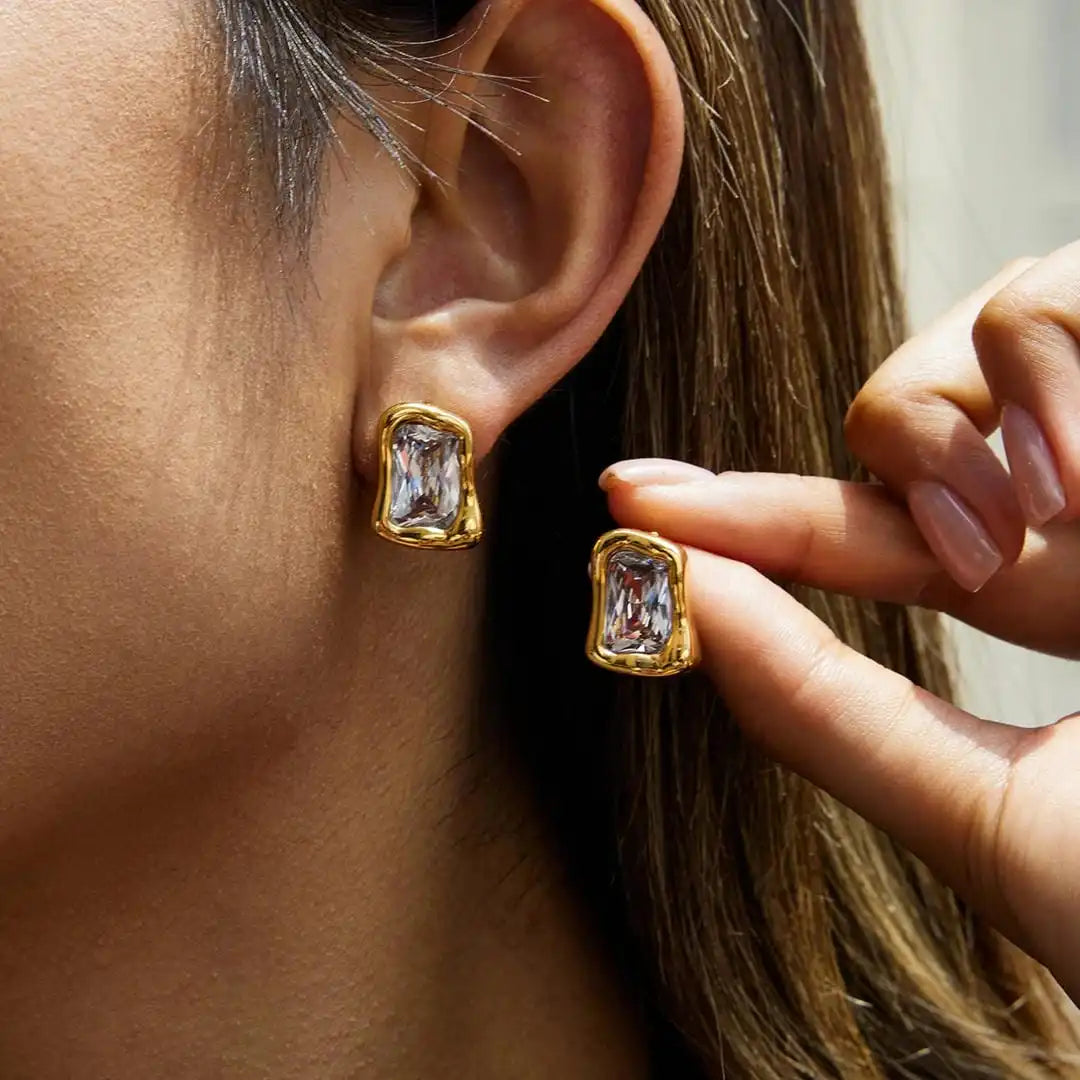 Main shot of the gold zircon square drop earrings