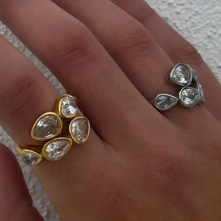 Ring worn on a model's hand