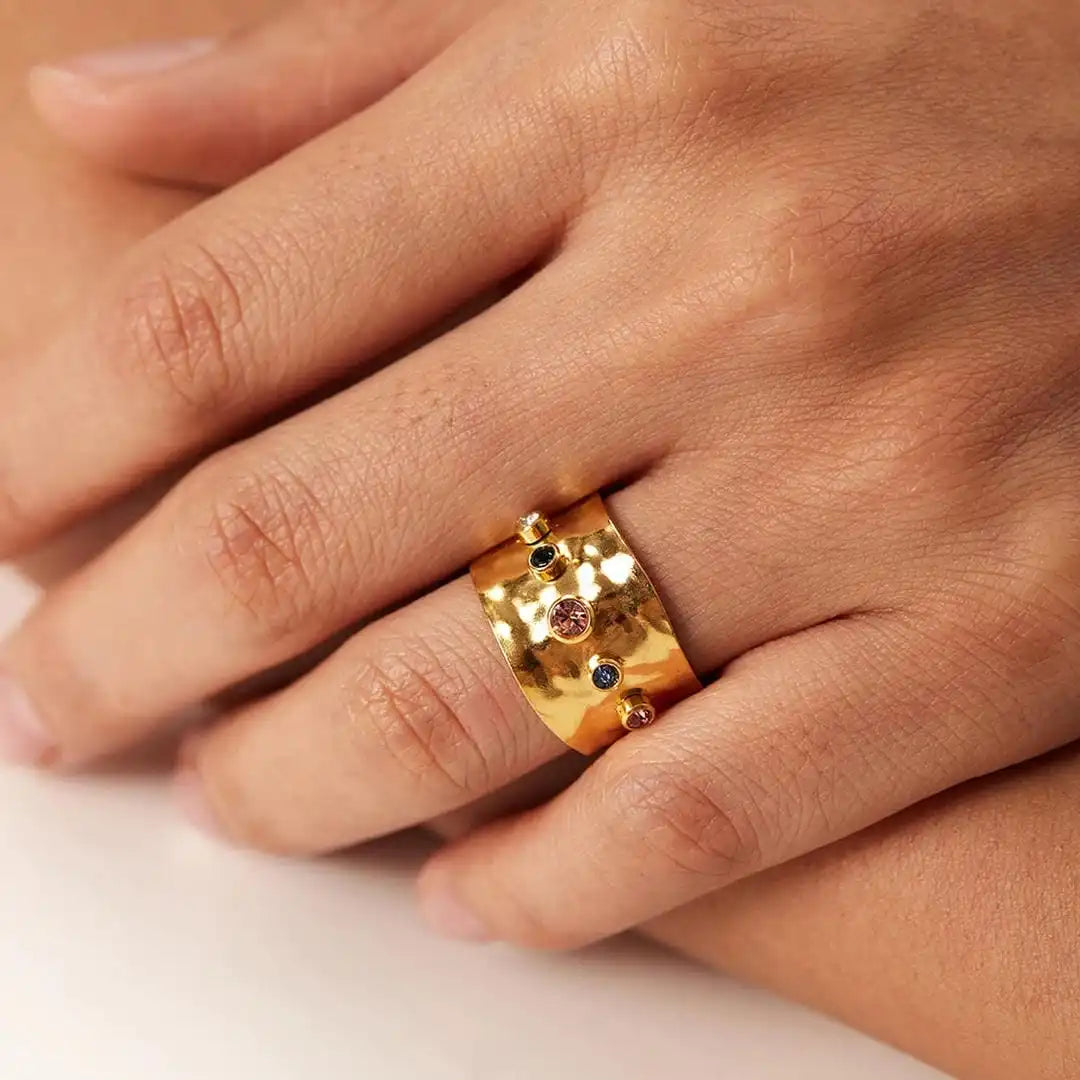Main shot of the colourful zirconia wide band ring