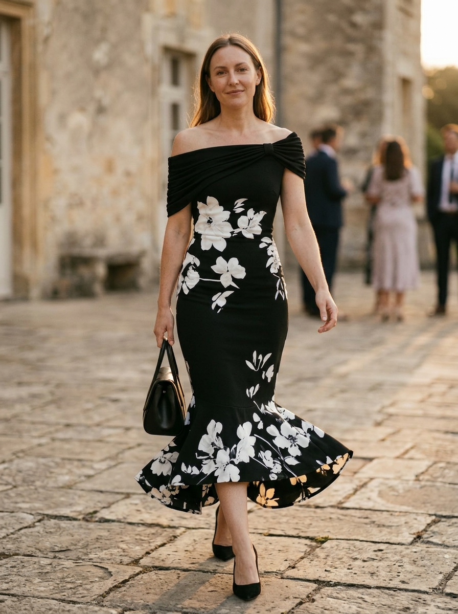 Bianca Midi Dress off-shoulder detail