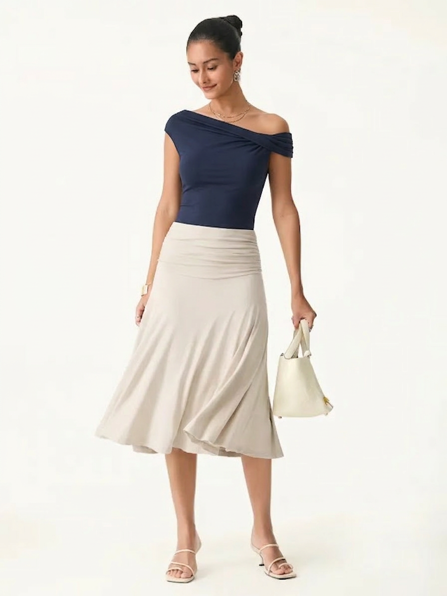 2Pcs Set Multi-wear Built-In Bra Top 2.0 & Side Ruched A-line Midi Skirt