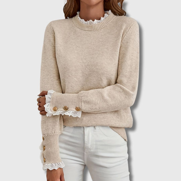 Evee | Women's Lace Trim Crew Neck Sweater with Button Cuffs