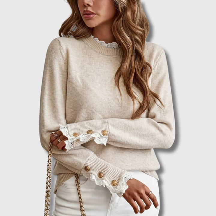 Evee | Women's Lace Trim Crew Neck Sweater with Button Cuffs