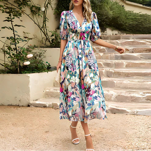 Everly - Vintage Glam Lantern Sleeve Midi Dress — full length view