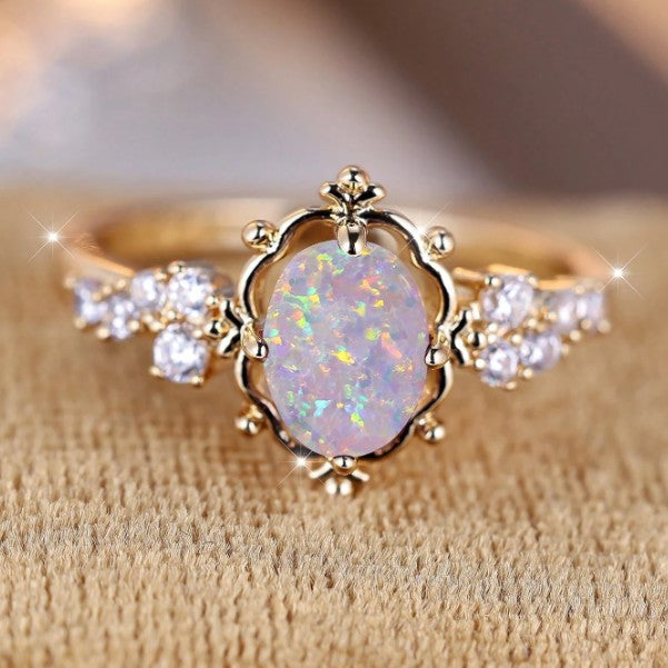 Main shot of the white fire opal flower ring