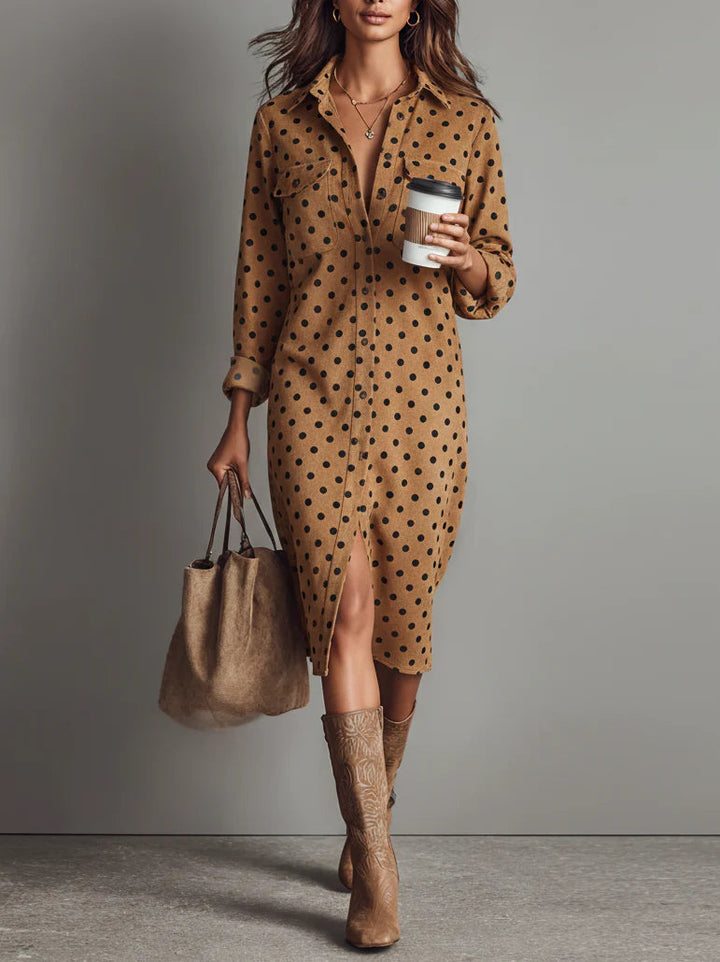 Ebonie polka dot faux suede shirt midi dress – brown