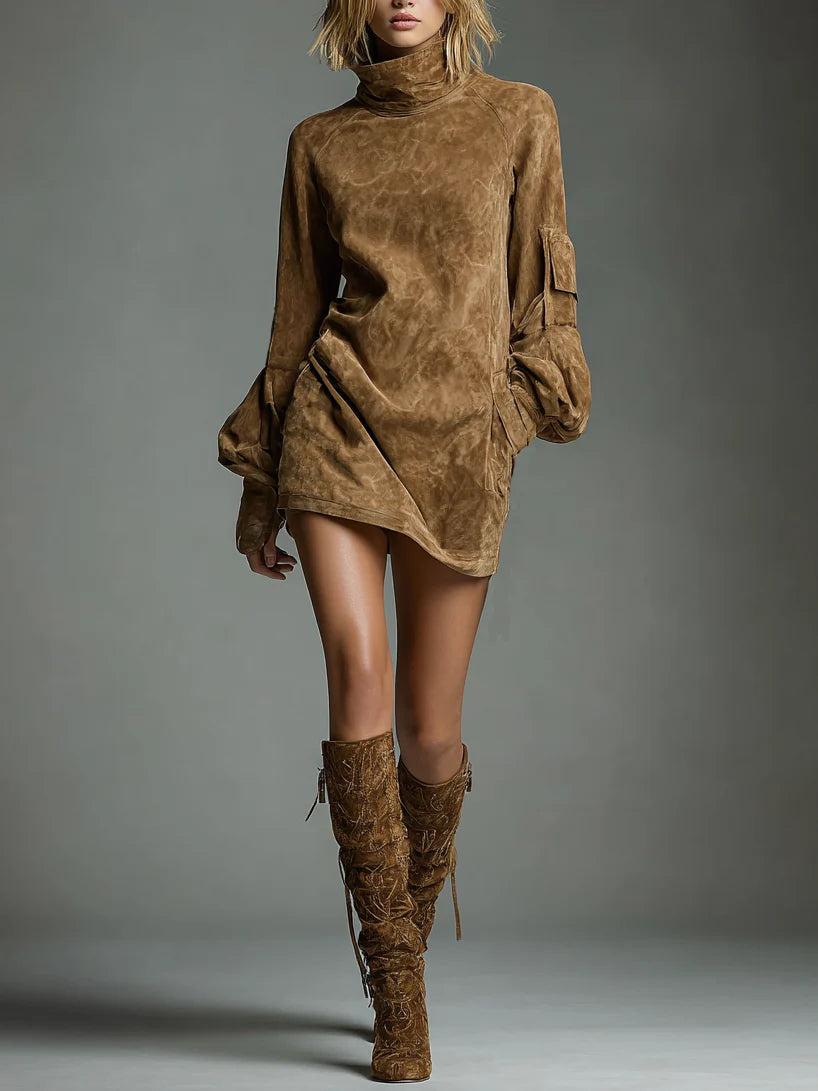 Abigail vintage brown suede turtleneck mini dress – front