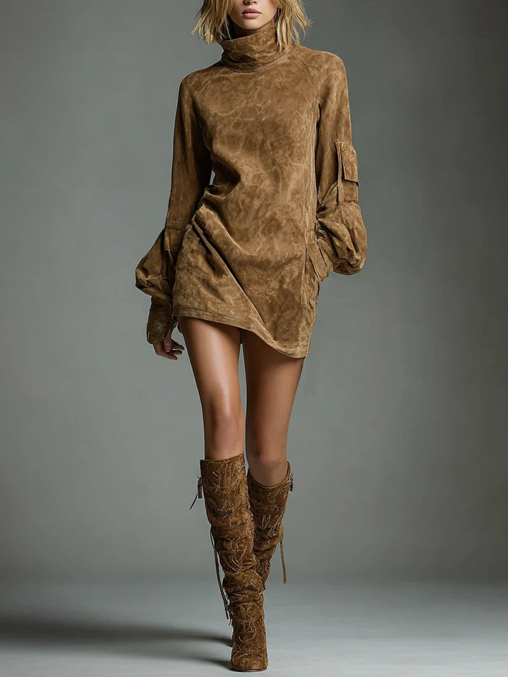 Abigail vintage brown suede turtleneck mini dress – front