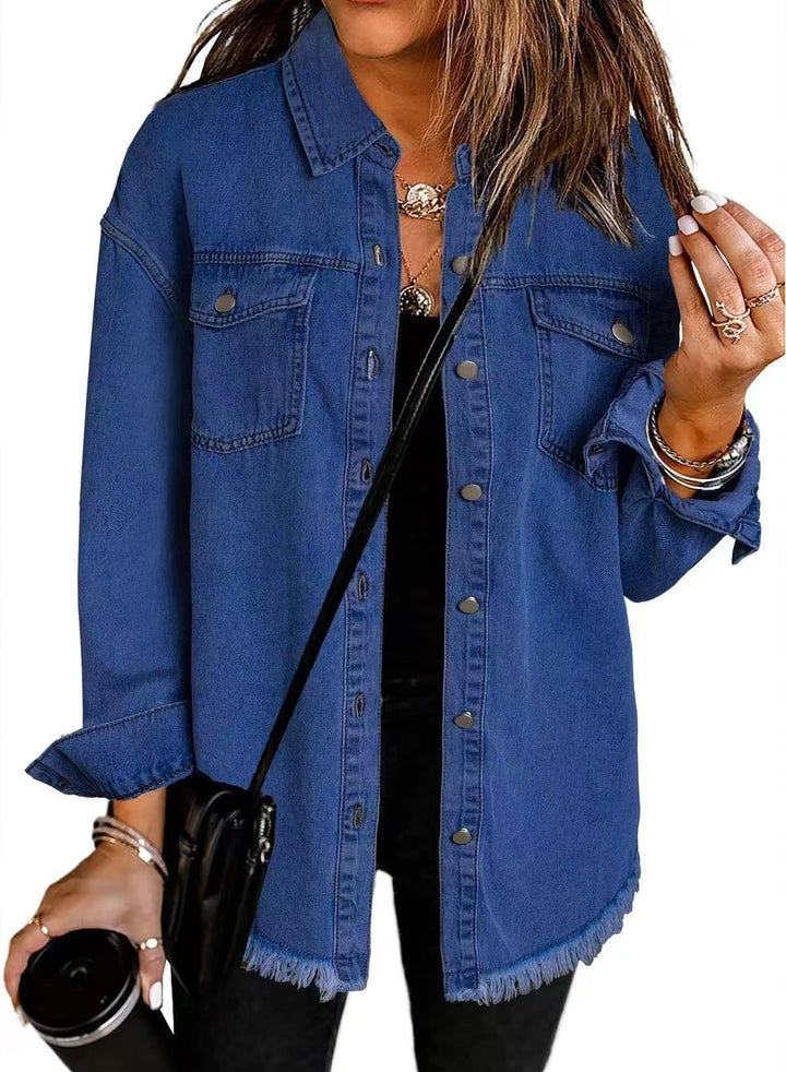 Longline Frayed Casual Hem Denim Jacket