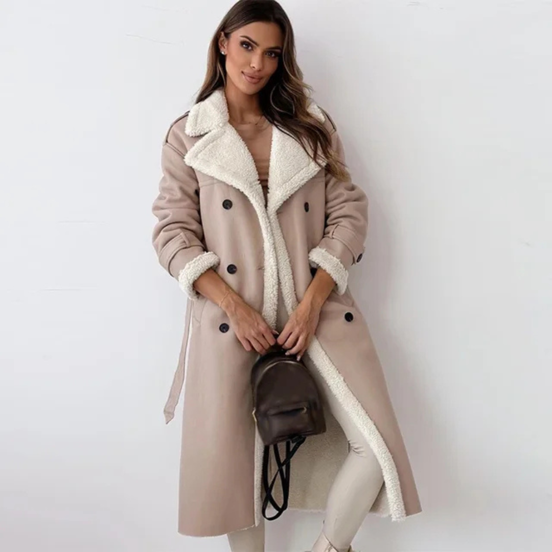 Anouk | Women's Belted Longline Coat with Shearling Collar