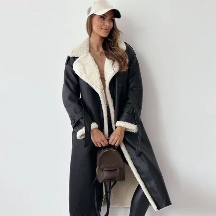Anouk | Women's Belted Longline Coat with Shearling Collar