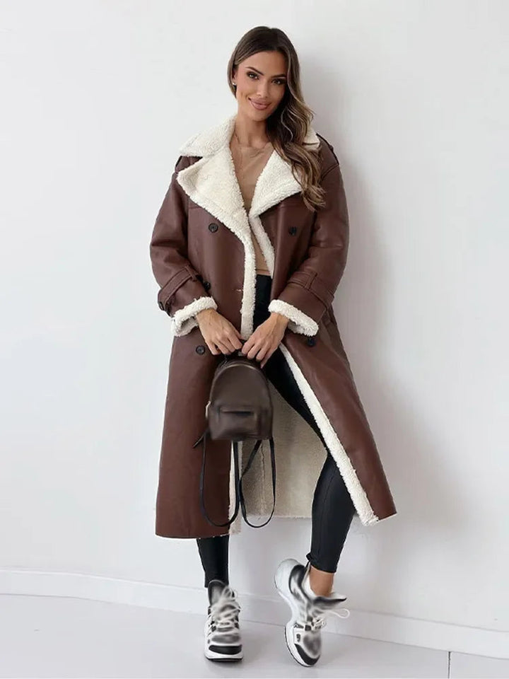 Anouk | Women's Belted Longline Coat with Shearling Collar