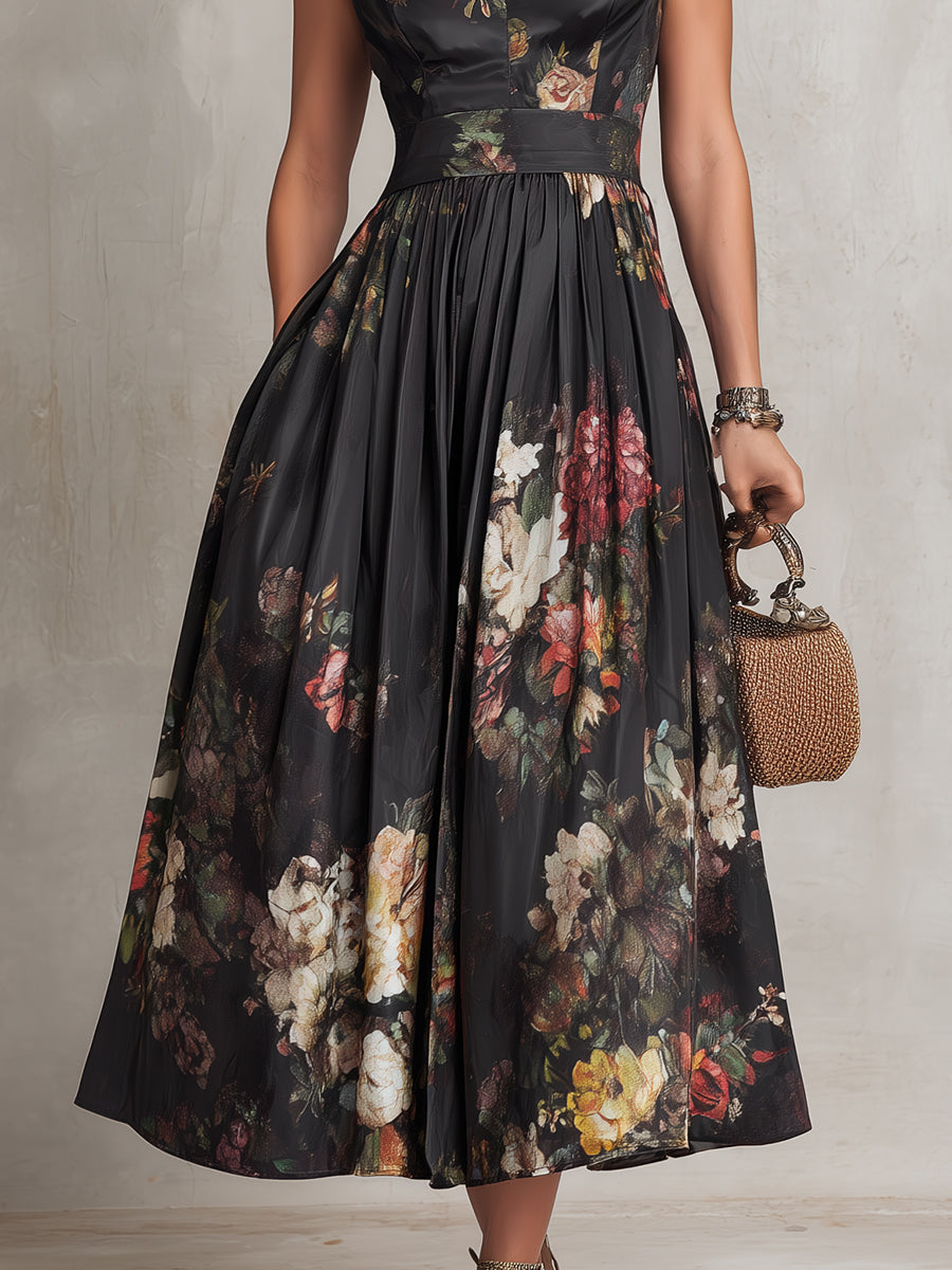 Sophia – Black Pleated Midi Dress — close-up detail