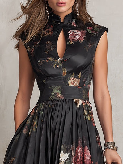 Sophia – Black Pleated Midi Dress — side view
