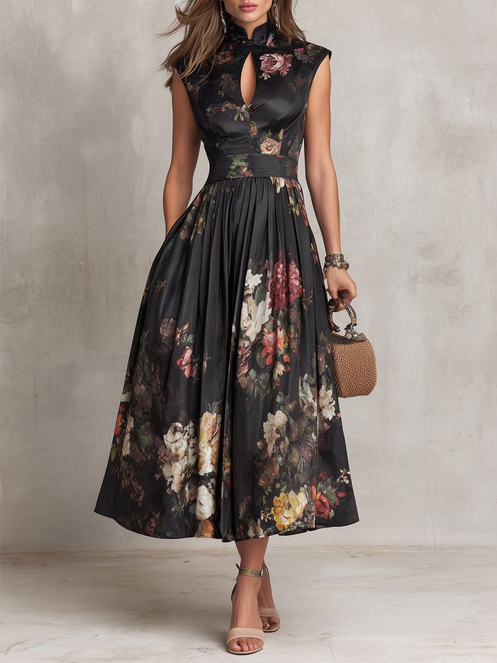 Sophia – Black Pleated Midi Dress — front view