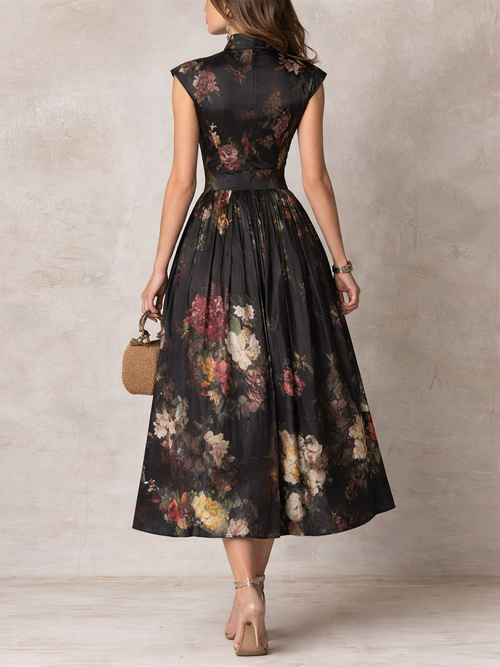 Sophia – Black Pleated Midi Dress — back view