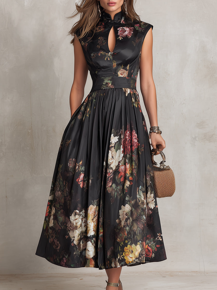 Sophia – Black Pleated Midi Dress — detail view
