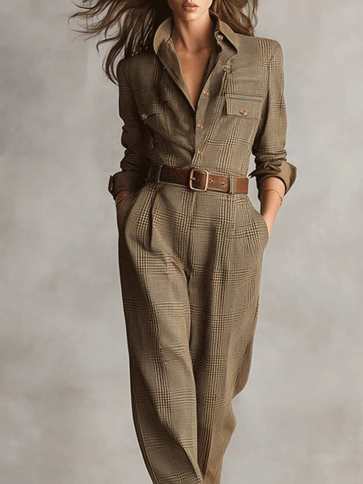 women's utility jumpsuit – brown sophisticated tweed plaid