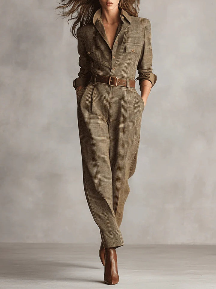 Evie brown tweed texture plaid utility jumpsuit – front
