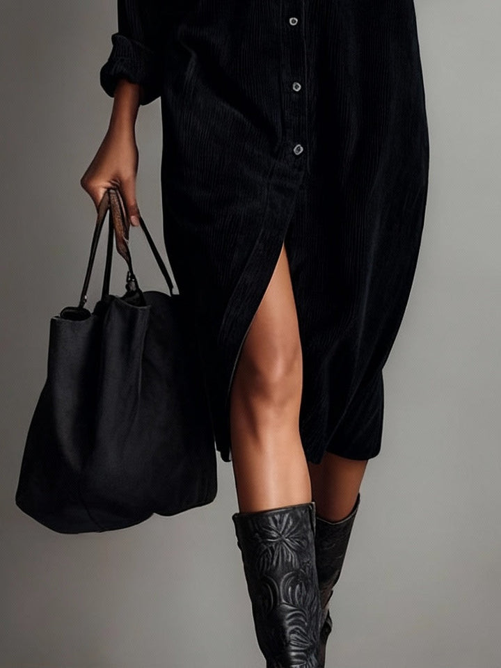 black midi dress corduroy – single breasted women's style