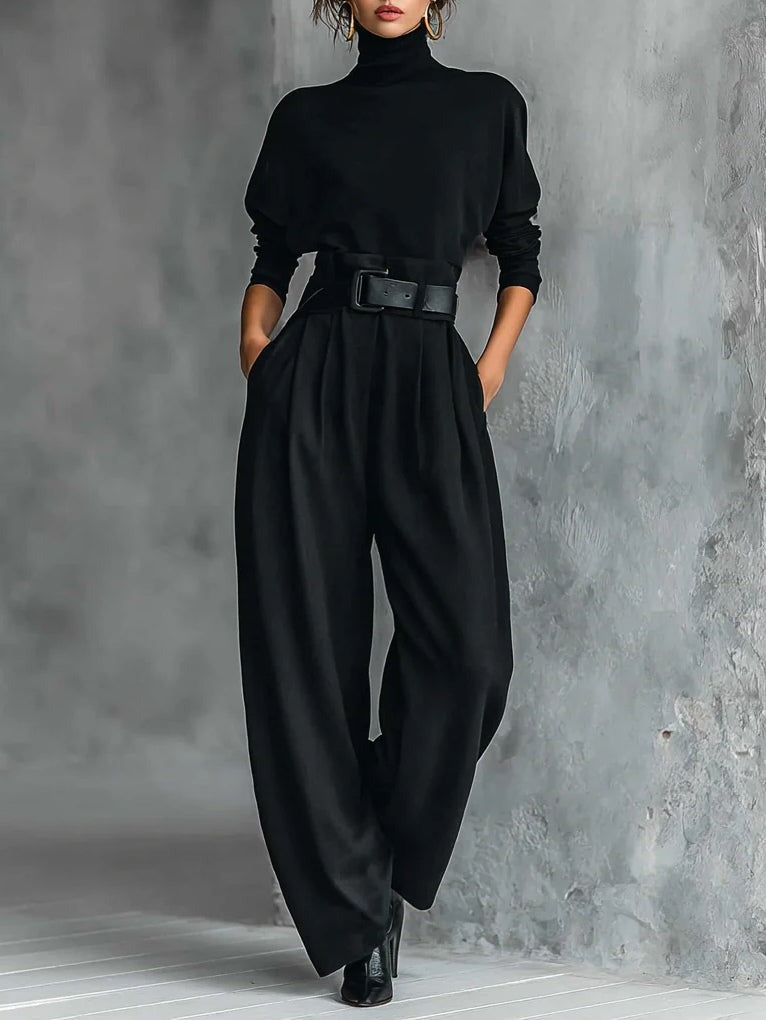 Nolya black ribbed turtleneck sweater and pants set