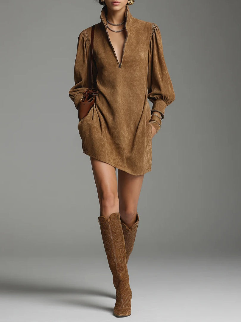 Jasmine brown suede zipper turtleneck mini dress – front