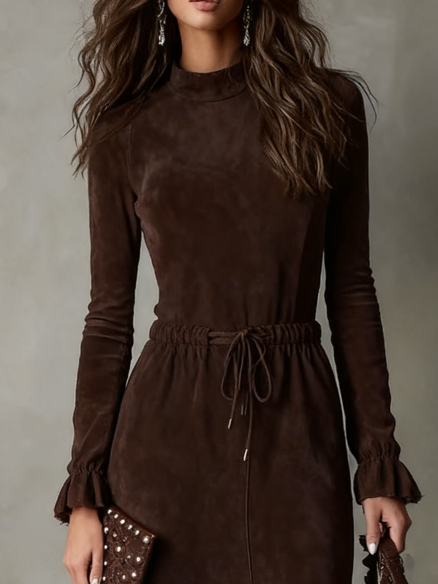 women's suede midi dress – dark brown drawstring style