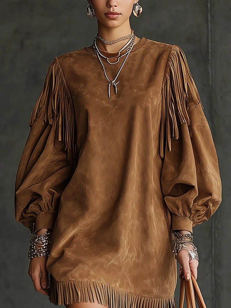 women's puff sleeve mini dress – brown suede fringed