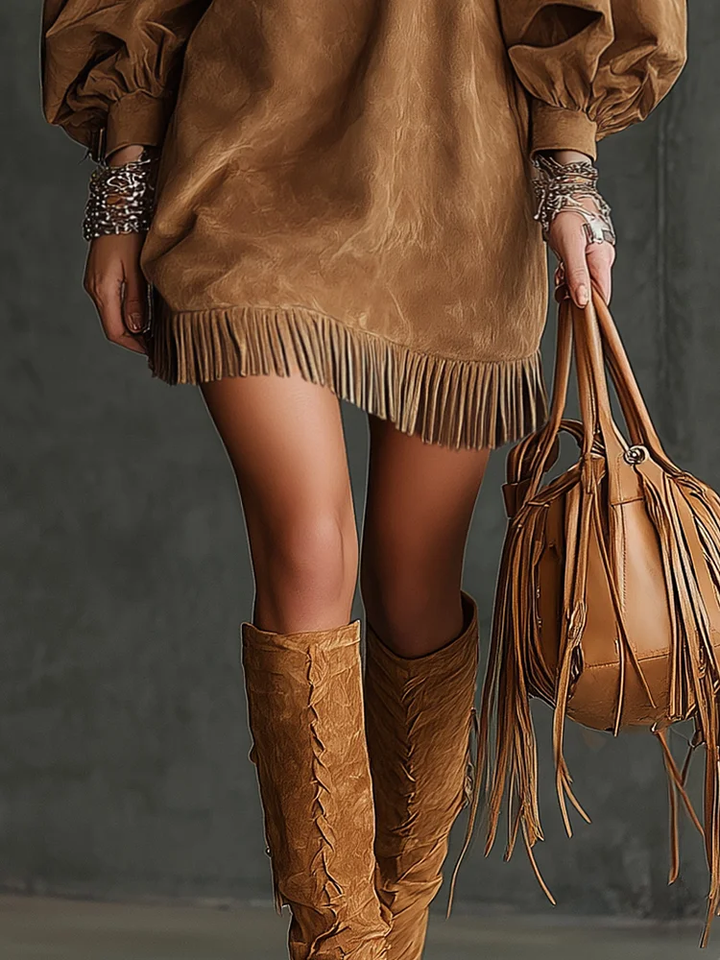 vintage puff sleeve mini dress – brown suede women's