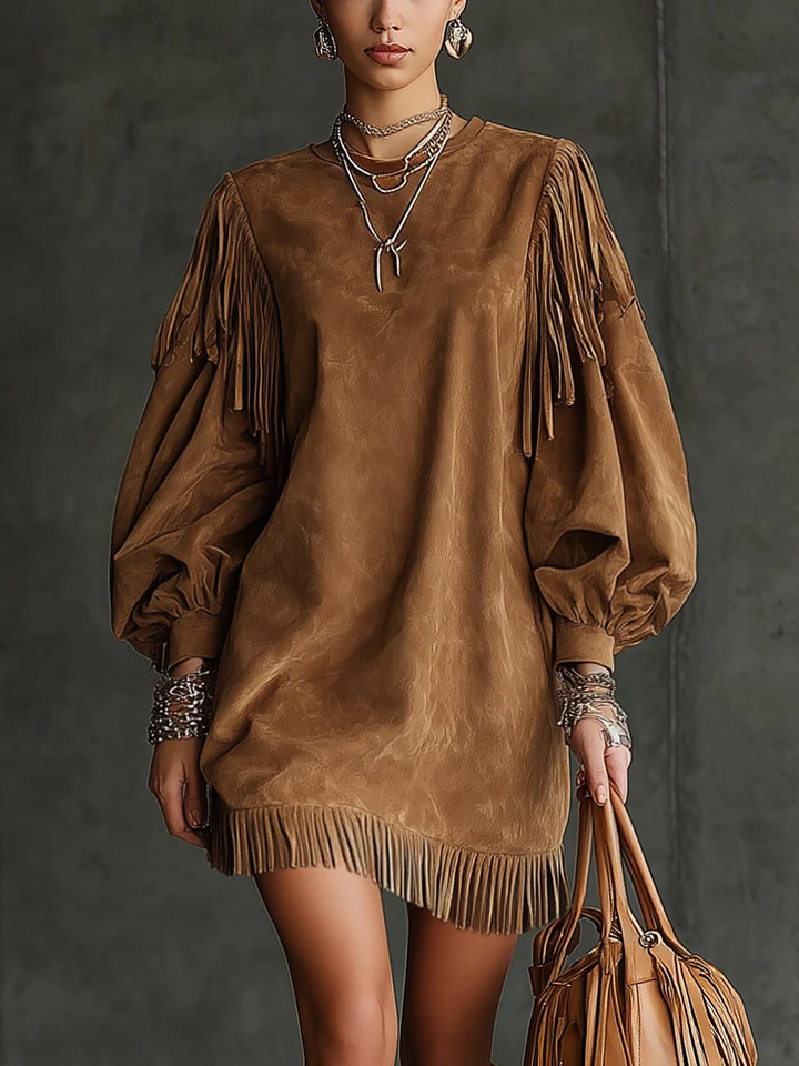 Hayley brown vintage suede fringed puff sleeve mini dress