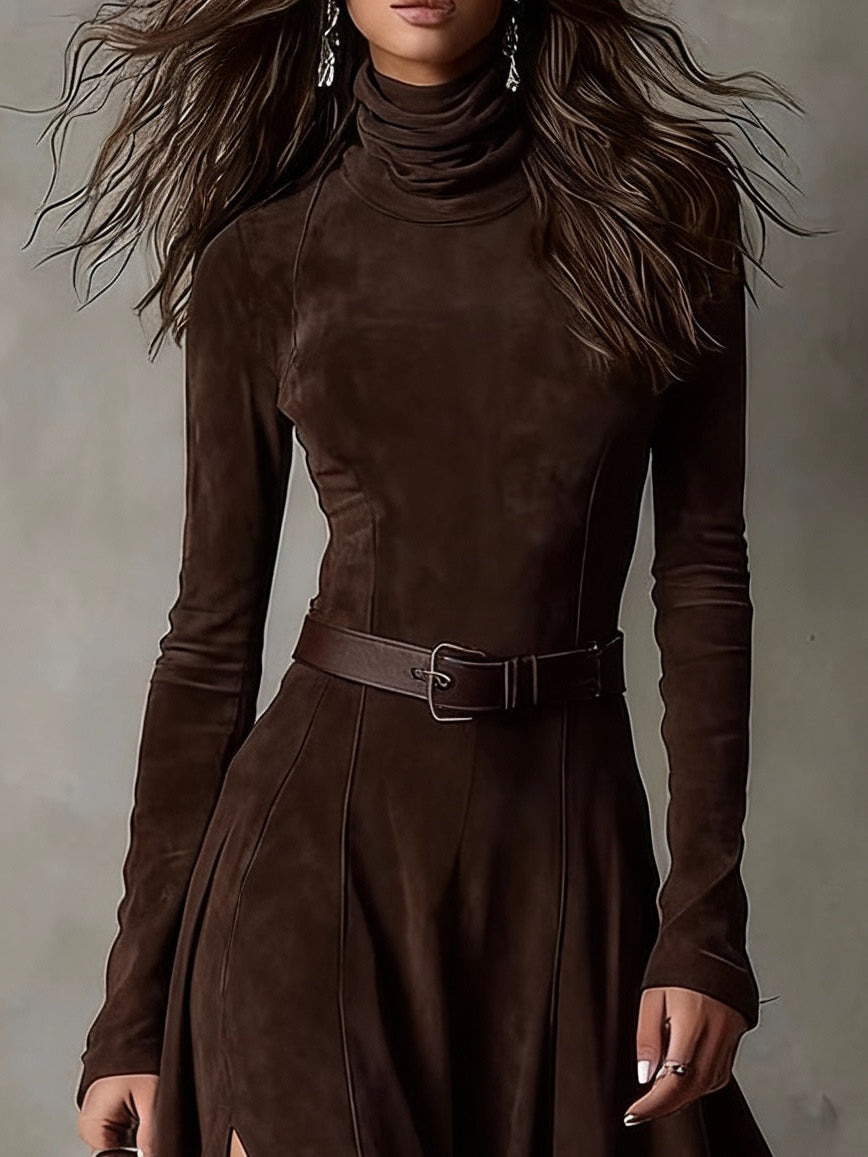 women's turtleneck maxi dress – dark brown faux suede slit