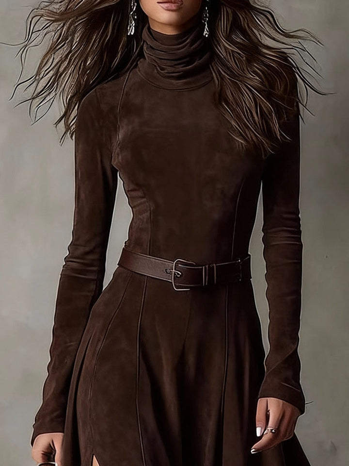 women's turtleneck maxi dress – dark brown faux suede slit