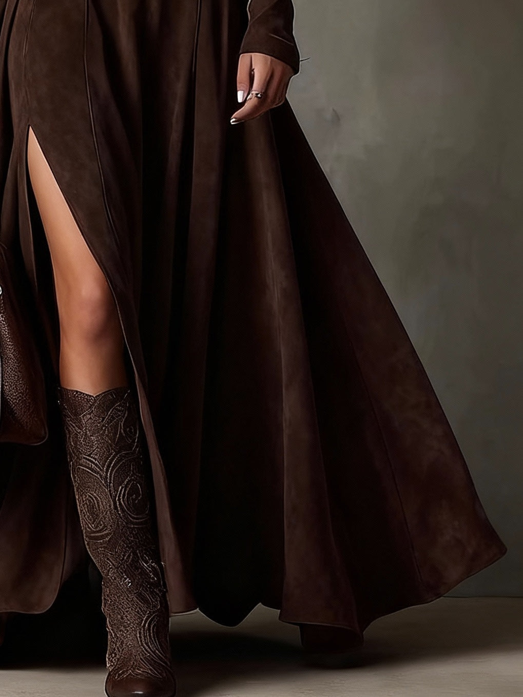 dark brown maxi dress slit – suede turtleneck women's