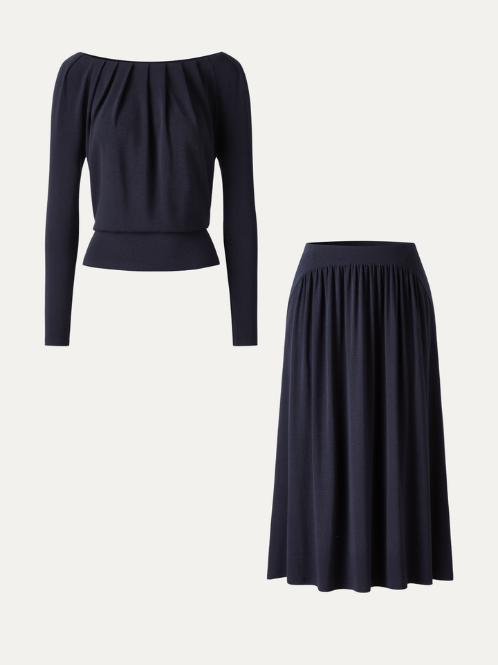 2Pcs Set LiteWarm Boatneck Long Sleeve Tucked Top & High-Rise A-Line Midi Skirt with Pockets
