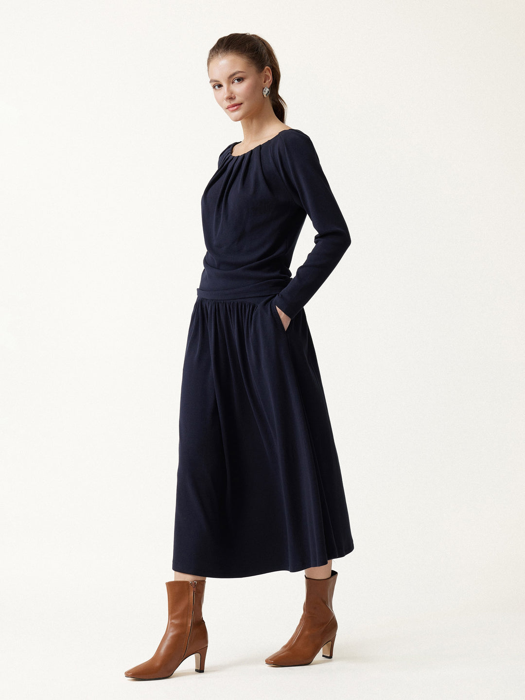 2Pcs Set LiteWarm Boatneck Long Sleeve Tucked Top & High-Rise A-Line Midi Skirt with Pockets — women's women > bundles&sets > bundles, front view