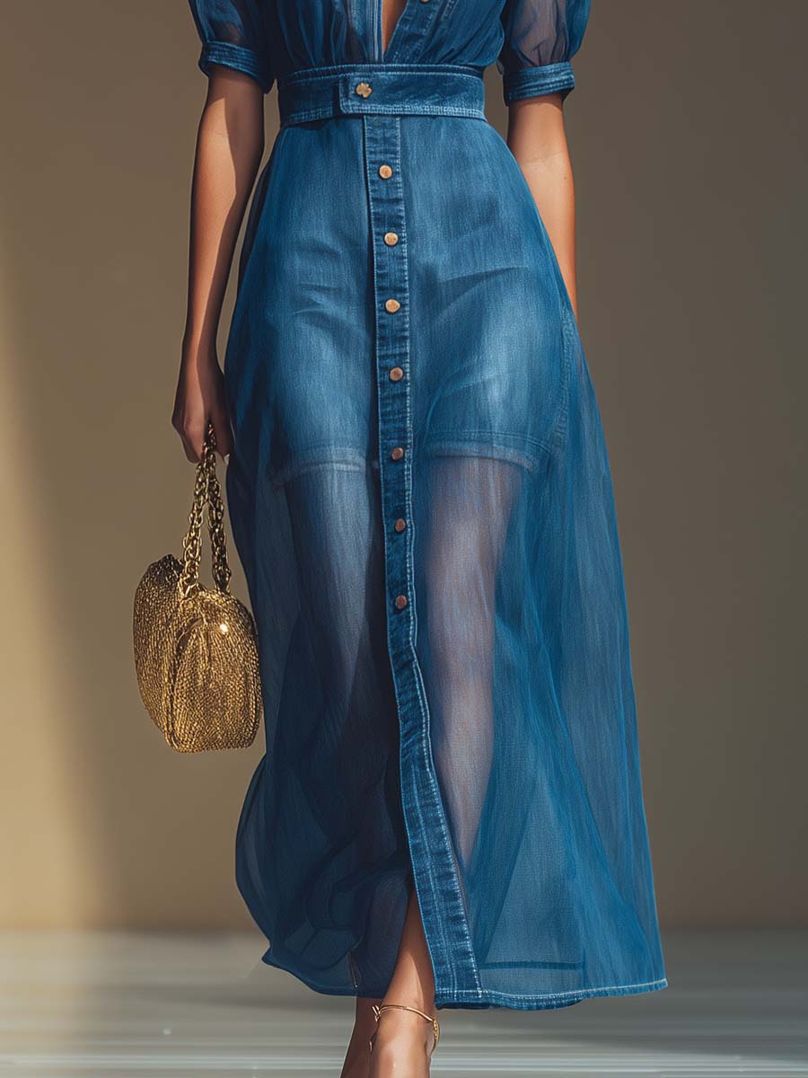 Eleanor blue denim organza dress back – short sleeve V-neck detail
